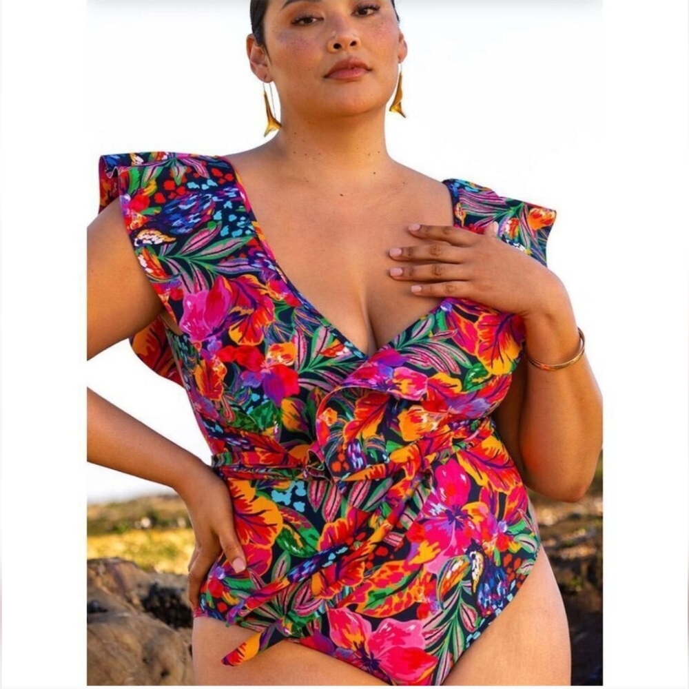 Eloquii Ruffle Shoulder Floral Tropical Belted One Piece Swimsuit 22